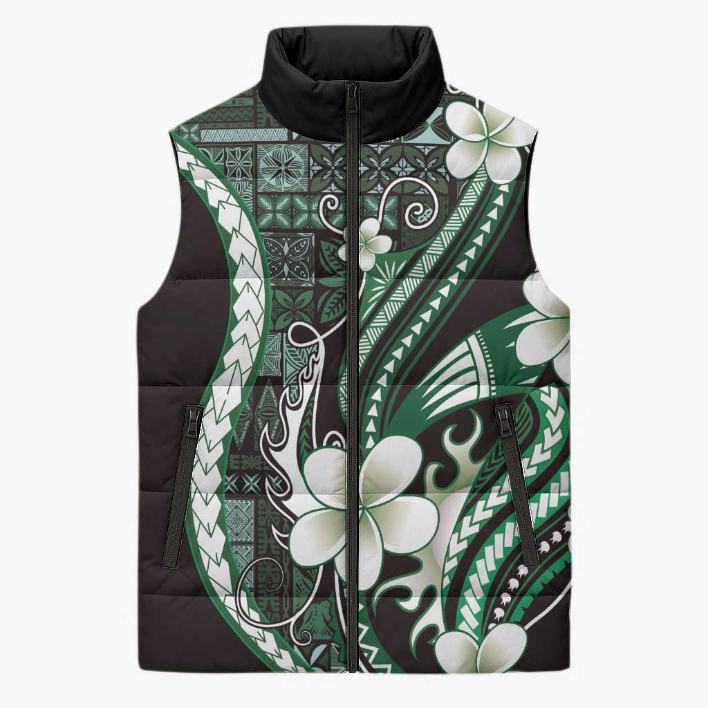 Samoa Siapo Tribal Pattern Sleeveless Puffer Jacket Forest Green Polynesian Plumeria Tapa Motif