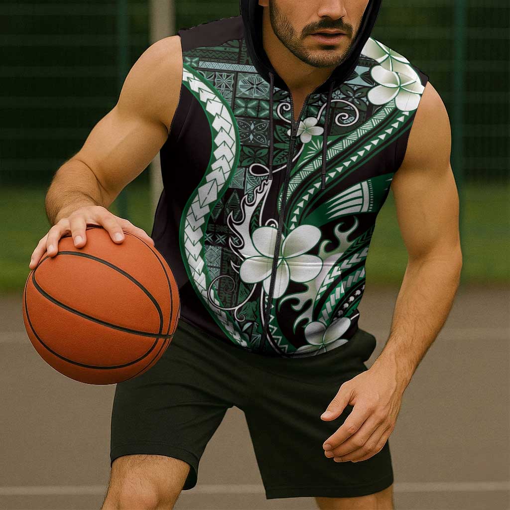 Samoa Siapo Tribal Pattern Sleeveless Zip Hoodie Forest Green Polynesian Plumeria Tapa Motif