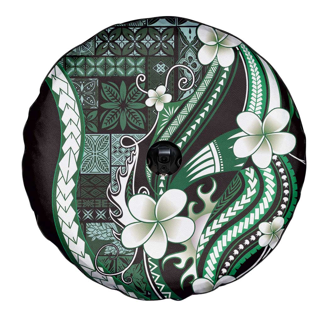 Samoa Siapo Tribal Pattern Spare Tire Cover Forest Green Polynesian Plumeria Tapa Motif