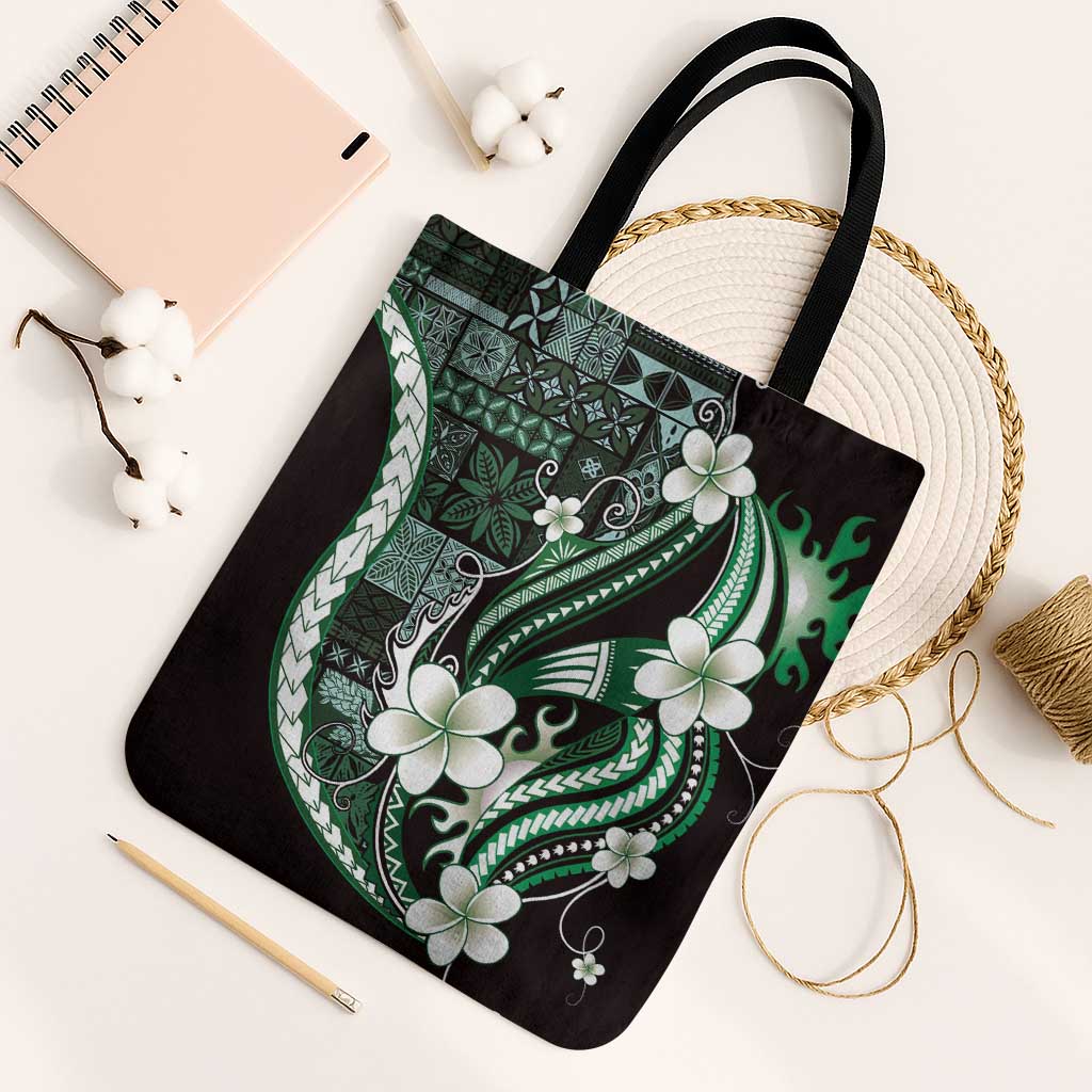 Samoa Siapo Tribal Pattern Tote Bag Forest Green Polynesian Plumeria Tapa Motif