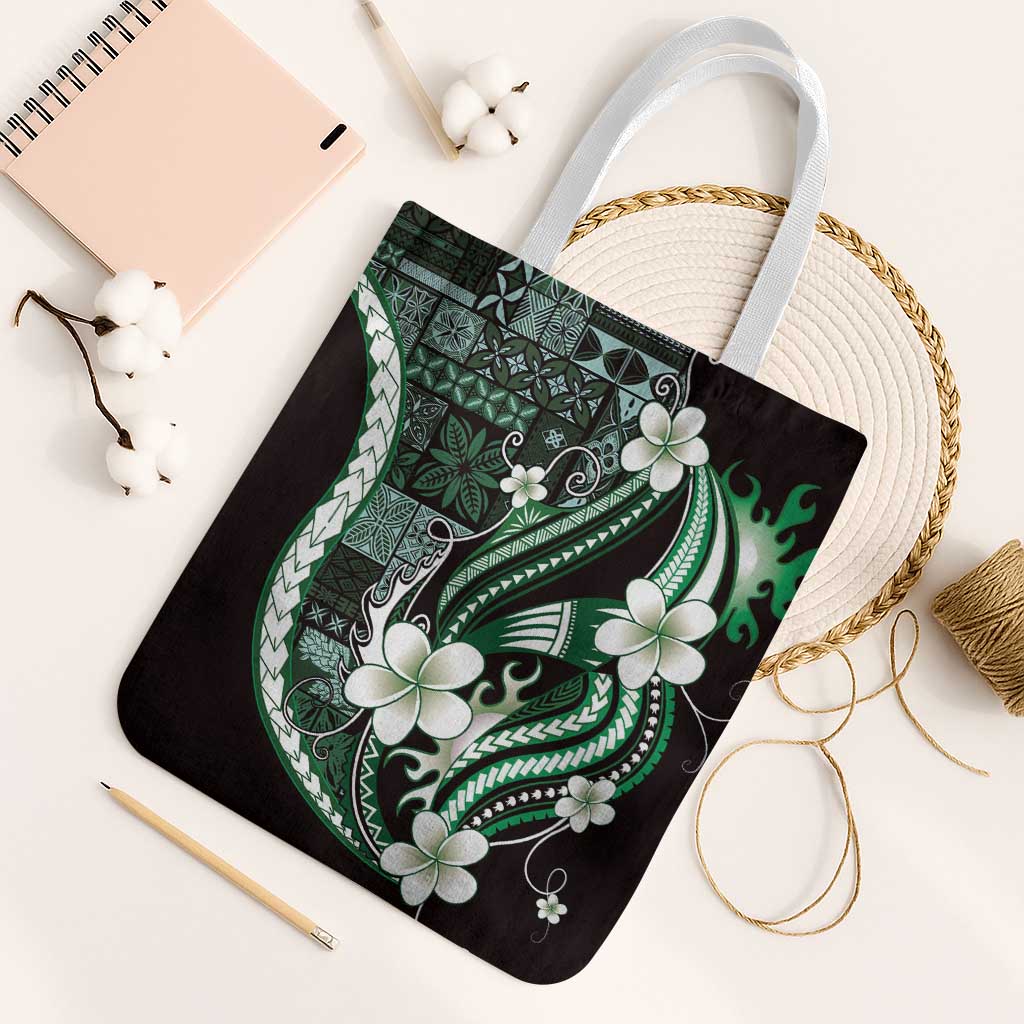 Samoa Siapo Tribal Pattern Tote Bag Forest Green Polynesian Plumeria Tapa Motif