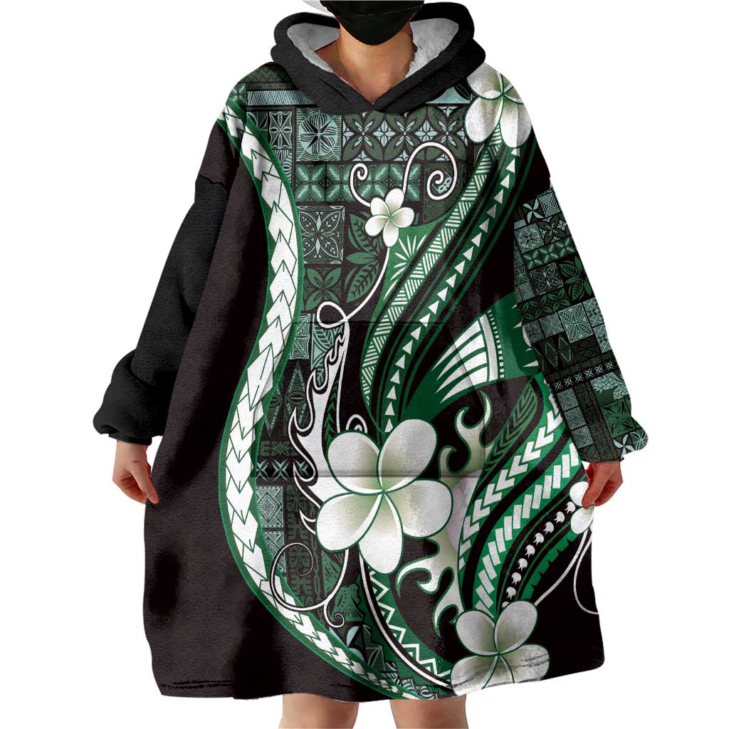 Samoa Siapo Tribal Pattern Wearable Blanket Hoodie Forest Green Polynesian Plumeria Tapa Motif
