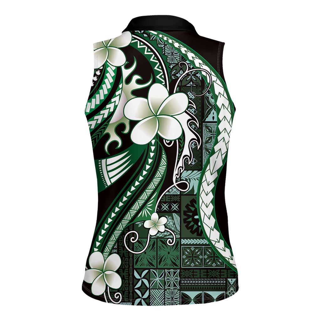 Samoa Siapo Tribal Pattern Women Sleeveless Polo Shirt Forest Green Polynesian Plumeria Tapa Motif