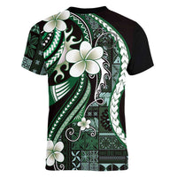 Samoa Siapo Tribal Pattern Women V-Neck T-Shirt Forest Green Polynesian Plumeria Tapa Motif