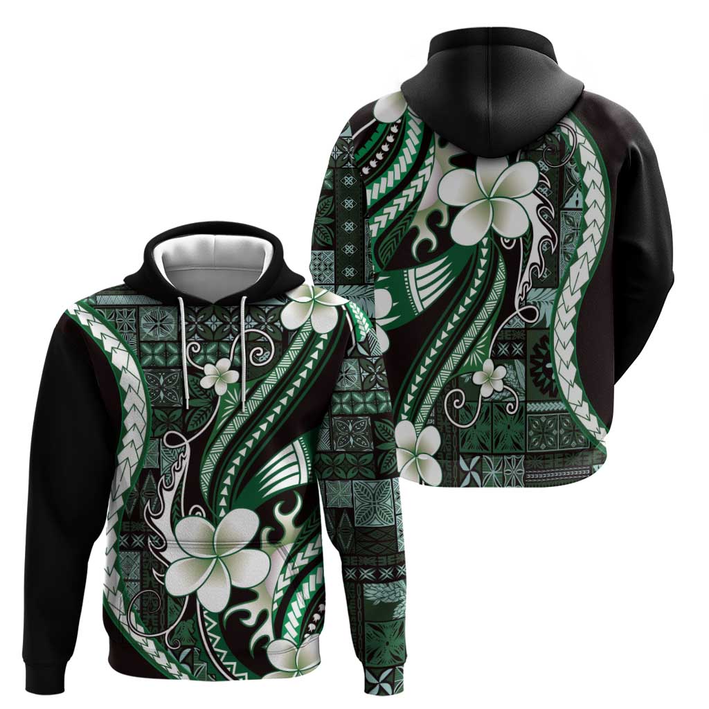 Samoa Siapo Tribal Pattern Zip Hoodie Forest Green Polynesian Plumeria Tapa Motif
