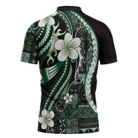 Samoa Siapo Tribal Pattern Zipper Polo Shirt Forest Green Polynesian Plumeria Tapa Motif