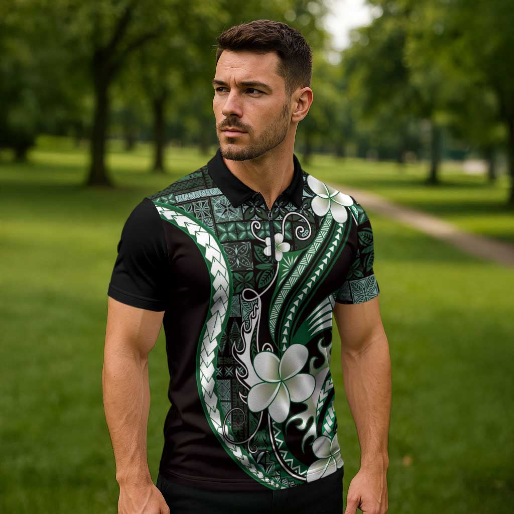 Samoa Siapo Tribal Pattern Zipper Polo Shirt Forest Green Polynesian Plumeria Tapa Motif