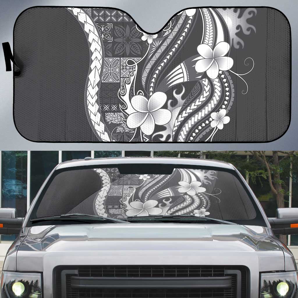 Samoa Siapo Tribal Pattern Auto Sun Shade Light Gray Polynesian Plumeria Tapa Motif