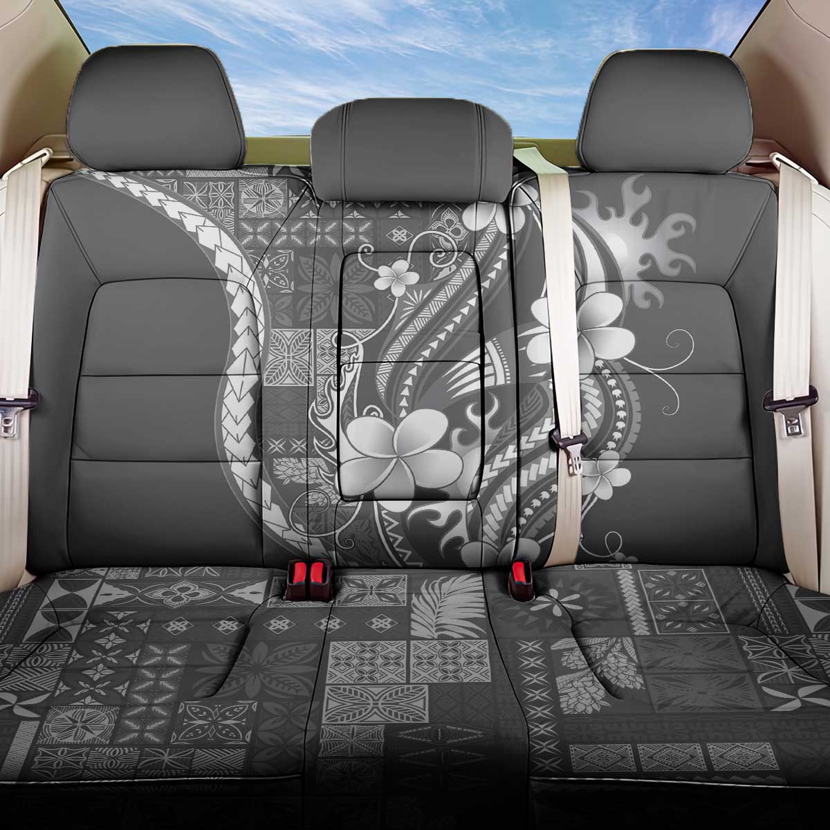 Samoa Siapo Tribal Pattern Back Car Seat Cover Light Gray Polynesian Plumeria Tapa Motif