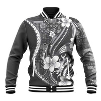 Samoa Siapo Tribal Pattern Baseball Jacket Light Gray Polynesian Plumeria Tapa Motif