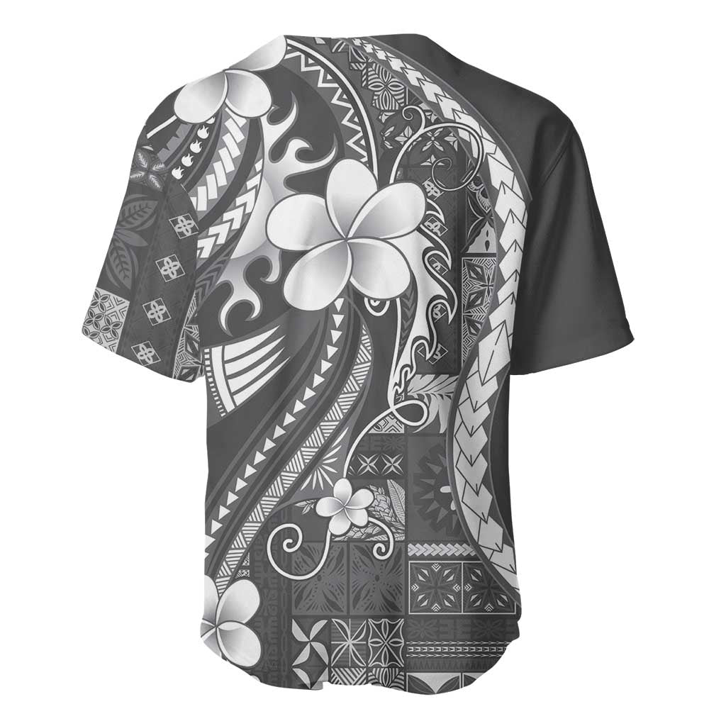 Samoa Siapo Tribal Pattern Baseball Jersey Light Gray Polynesian Plumeria Tapa Motif