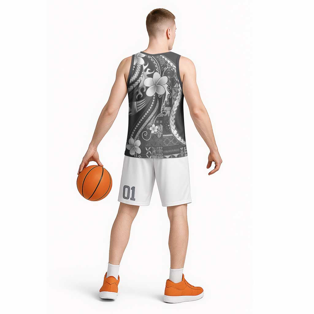 Samoa Siapo Tribal Pattern Basketball Jersey Light Gray Polynesian Plumeria Tapa Motif