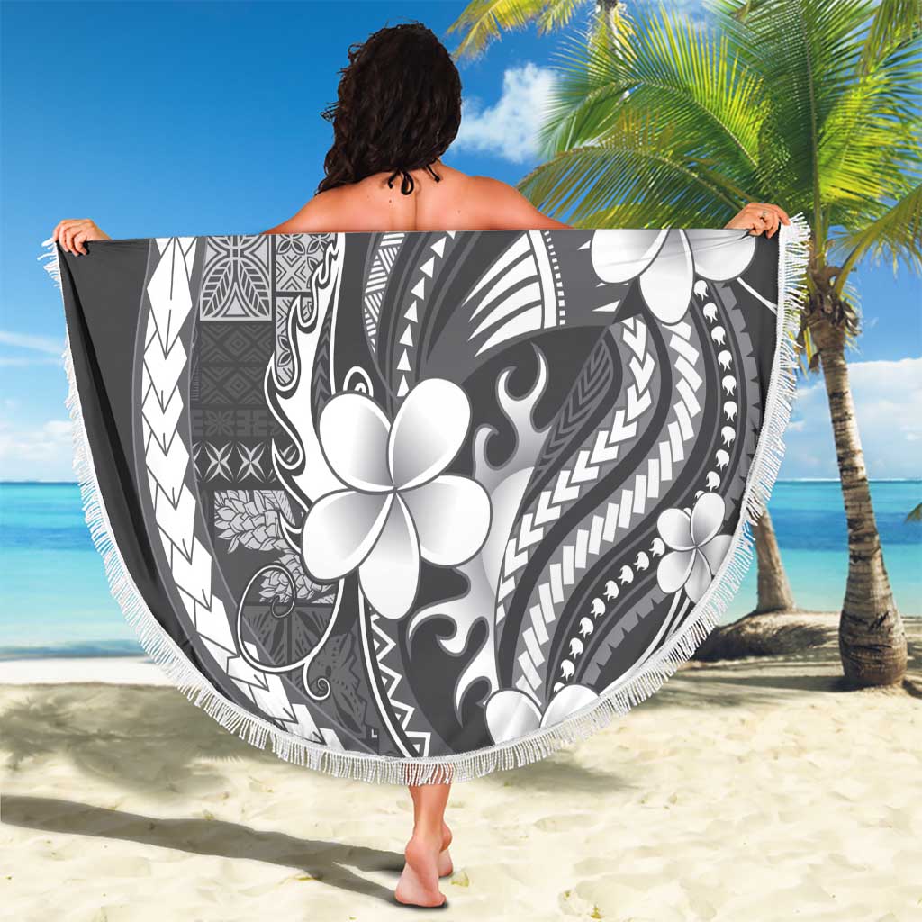Samoa Siapo Tribal Pattern Beach Blanket Light Gray Polynesian Plumeria Tapa Motif