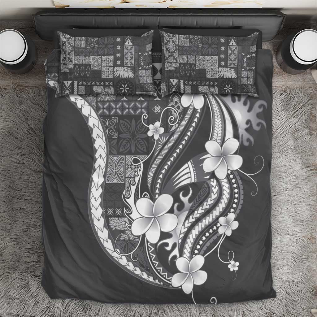 Samoa Siapo Tribal Pattern Bedding Set Light Gray Polynesian Plumeria Tapa Motif