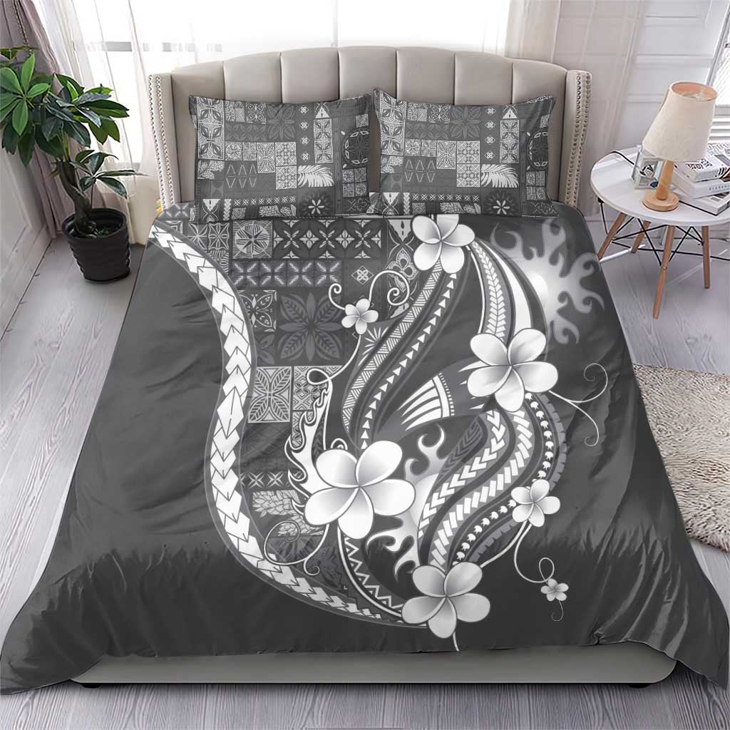 Samoa Siapo Tribal Pattern Bedding Set Light Gray Polynesian Plumeria Tapa Motif