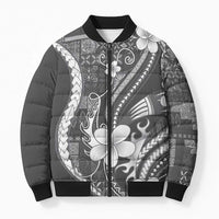 Samoa Siapo Tribal Pattern Bomber Puffer Jacket Light Gray Polynesian Plumeria Tapa Motif