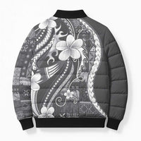 Samoa Siapo Tribal Pattern Bomber Puffer Jacket Light Gray Polynesian Plumeria Tapa Motif