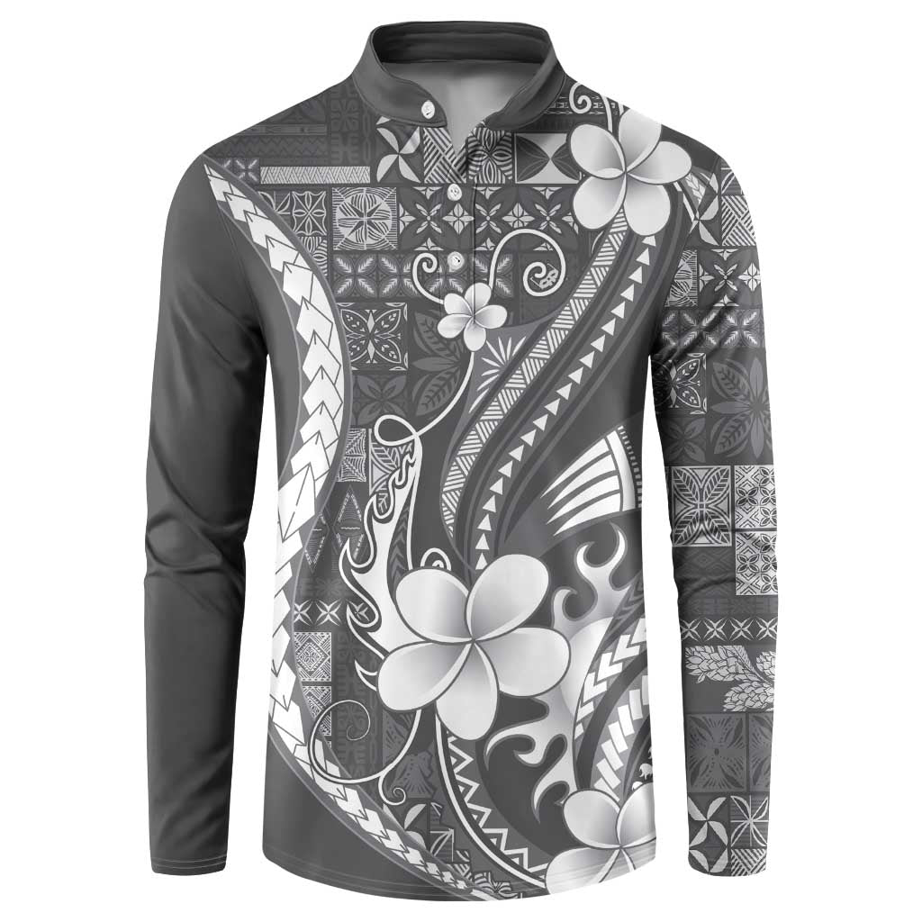 Samoa Siapo Tribal Pattern Button Sweatshirt Light Gray Polynesian Plumeria Tapa Motif