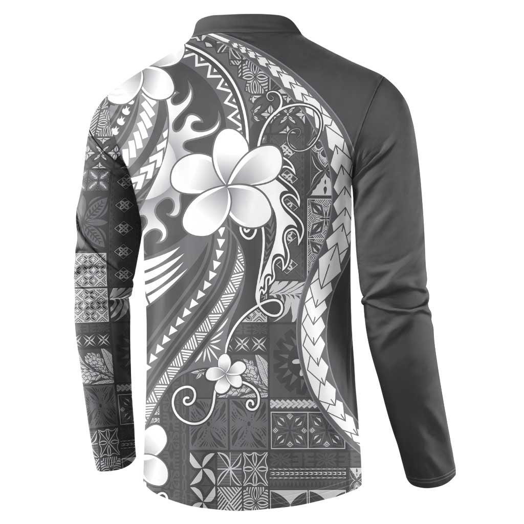 Samoa Siapo Tribal Pattern Button Sweatshirt Light Gray Polynesian Plumeria Tapa Motif