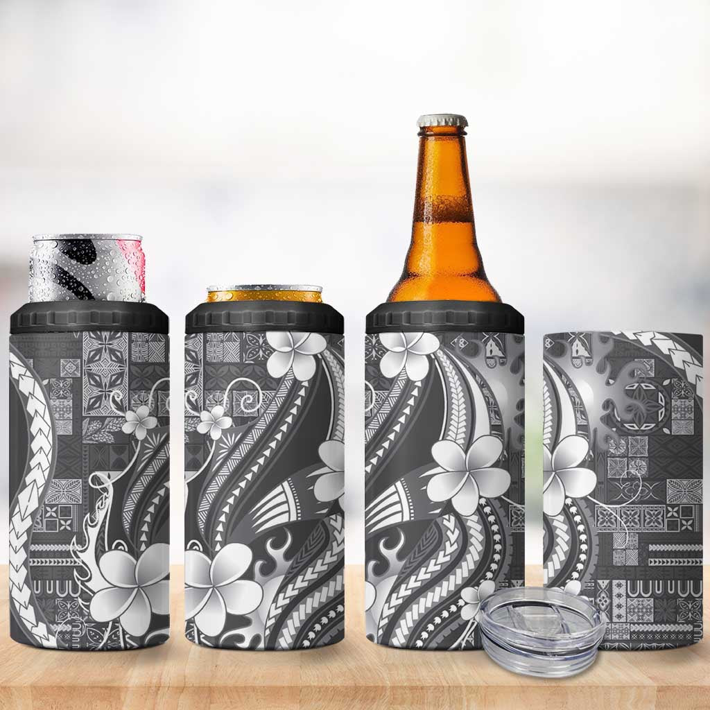 Samoa Siapo Tribal Pattern 4 in 1 Can Cooler Tumbler Light Gray Polynesian Plumeria Tapa Motif