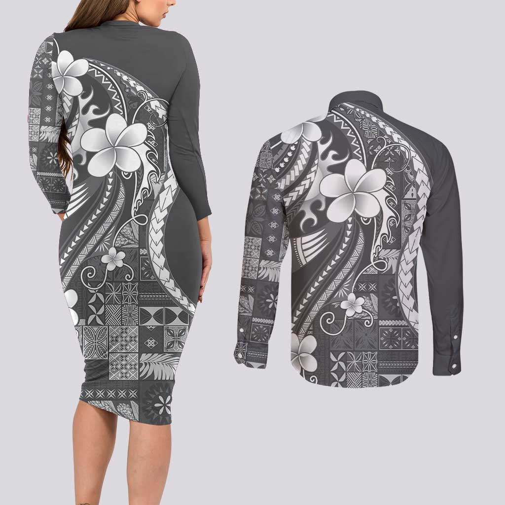 Samoa Siapo Tribal Pattern Couples Matching Long Sleeve Bodycon Dress and Long Sleeve Button Shirt Light Gray Polynesian Plumeria Tapa Motif