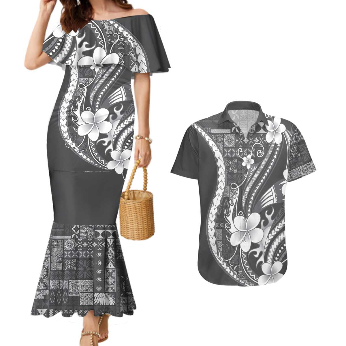 Samoa Siapo Tribal Pattern Couples Matching Mermaid Dress and Hawaiian Shirt Light Gray Polynesian Plumeria Tapa Motif