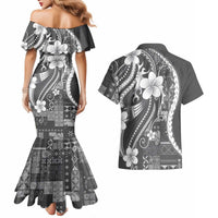 Samoa Siapo Tribal Pattern Couples Matching Mermaid Dress and Hawaiian Shirt Light Gray Polynesian Plumeria Tapa Motif