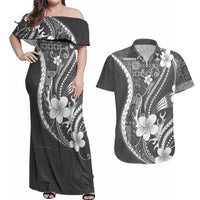 Samoa Siapo Tribal Pattern Couples Matching Off Shoulder Maxi Dress and Hawaiian Shirt Light Gray Polynesian Plumeria Tapa Motif