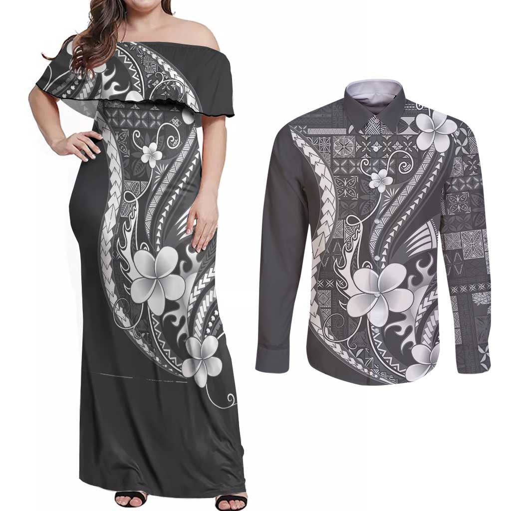 Samoa Siapo Tribal Pattern Couples Matching Off Shoulder Maxi Dress and Long Sleeve Button Shirt Light Gray Polynesian Plumeria Tapa Motif