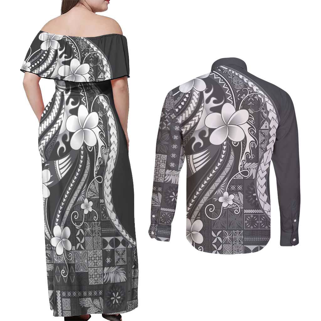 Samoa Siapo Tribal Pattern Couples Matching Off Shoulder Maxi Dress and Long Sleeve Button Shirt Light Gray Polynesian Plumeria Tapa Motif