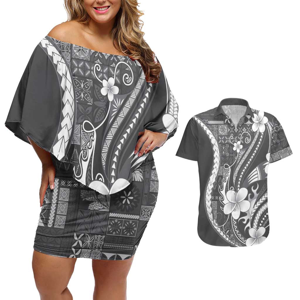 Samoa Siapo Tribal Pattern Couples Matching Off Shoulder Short Dress and Hawaiian Shirt Light Gray Polynesian Plumeria Tapa Motif
