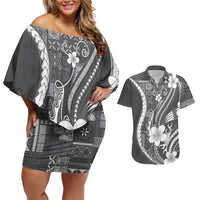 Samoa Siapo Tribal Pattern Couples Matching Off Shoulder Short Dress and Hawaiian Shirt Light Gray Polynesian Plumeria Tapa Motif