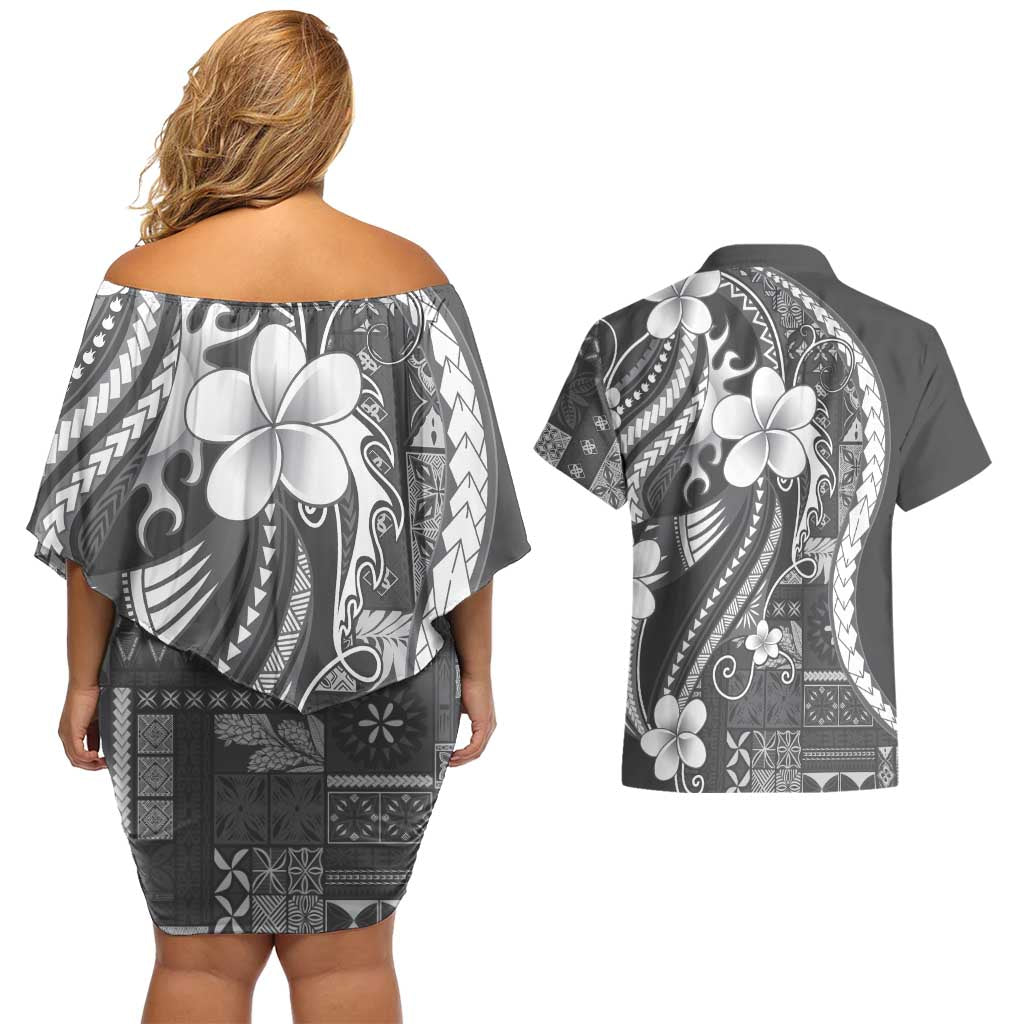 Samoa Siapo Tribal Pattern Couples Matching Off Shoulder Short Dress and Hawaiian Shirt Light Gray Polynesian Plumeria Tapa Motif
