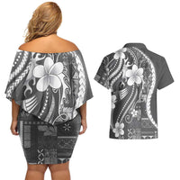 Samoa Siapo Tribal Pattern Couples Matching Off Shoulder Short Dress and Hawaiian Shirt Light Gray Polynesian Plumeria Tapa Motif
