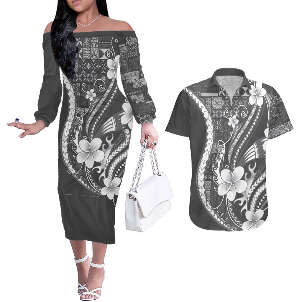 Samoa Siapo Tribal Pattern Couples Matching Off The Shoulder Long Sleeve Dress and Hawaiian Shirt Light Gray Polynesian Plumeria Tapa Motif LT9 Gray - Polynesian Pride