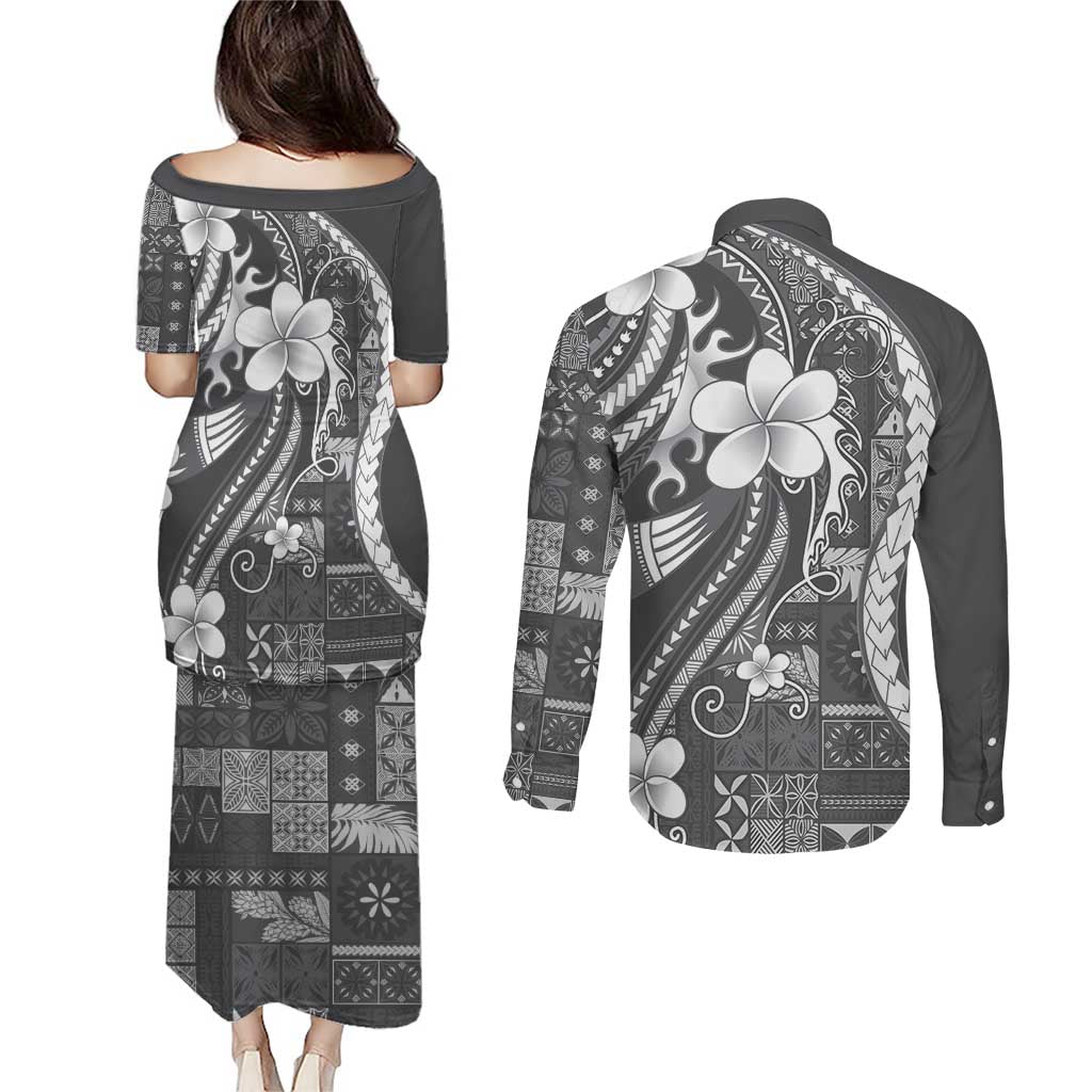 Samoa Siapo Tribal Pattern Couples Matching Puletasi and Long Sleeve Button Shirt Light Gray Polynesian Plumeria Tapa Motif