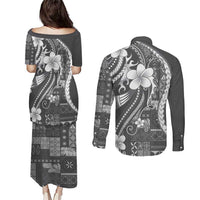 Samoa Siapo Tribal Pattern Couples Matching Puletasi and Long Sleeve Button Shirt Light Gray Polynesian Plumeria Tapa Motif