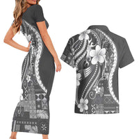 Samoa Siapo Tribal Pattern Couples Matching Short Sleeve Bodycon Dress and Hawaiian Shirt Light Gray Polynesian Plumeria Tapa Motif