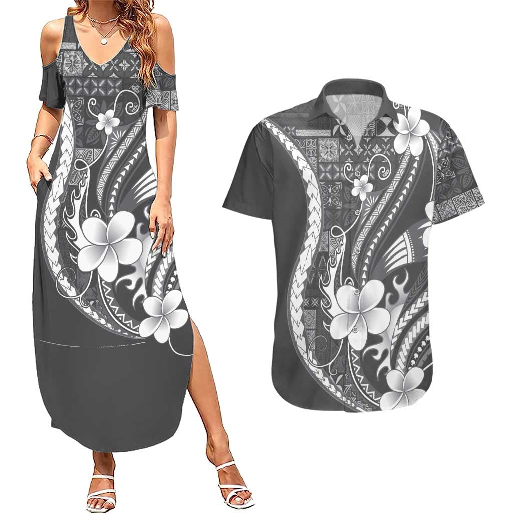 Samoa Siapo Tribal Pattern Couples Matching Summer Maxi Dress and Hawaiian Shirt Light Gray Polynesian Plumeria Tapa Motif