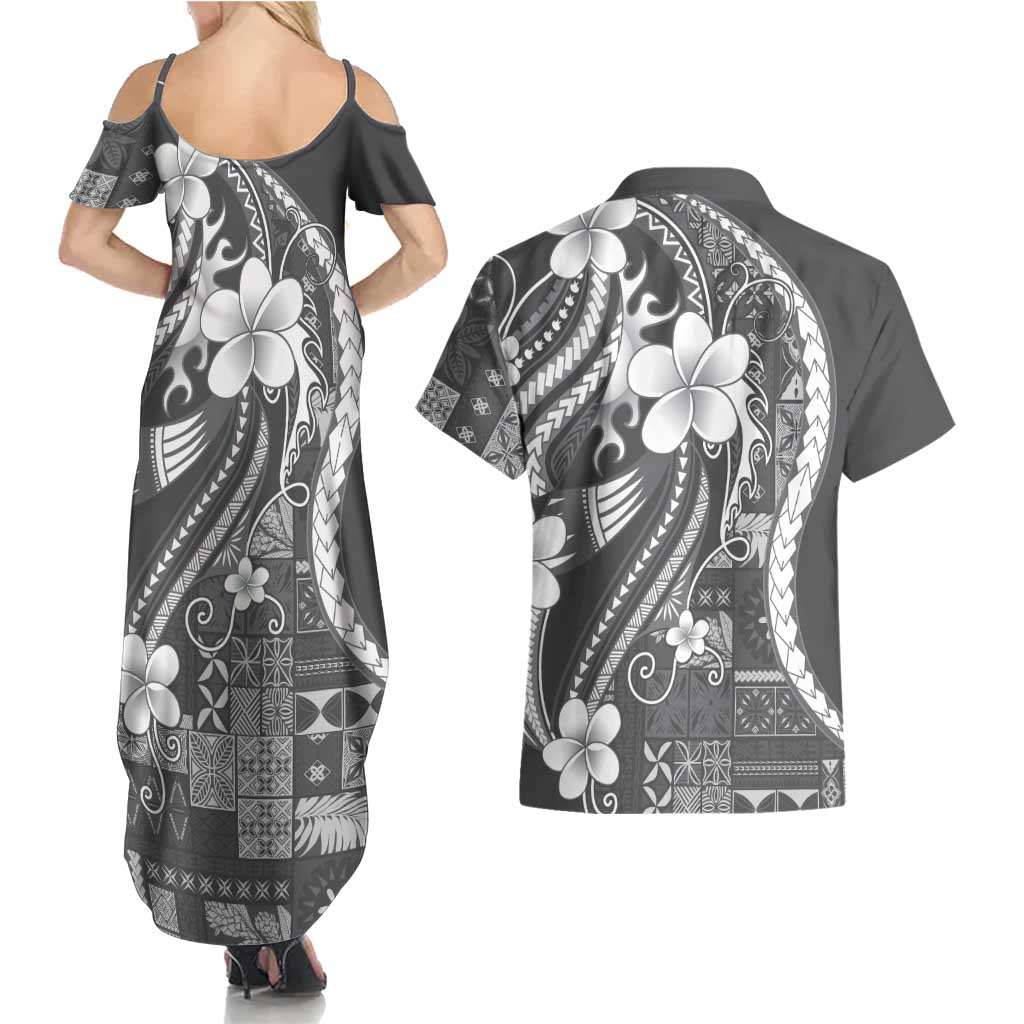 Samoa Siapo Tribal Pattern Couples Matching Summer Maxi Dress and Hawaiian Shirt Light Gray Polynesian Plumeria Tapa Motif