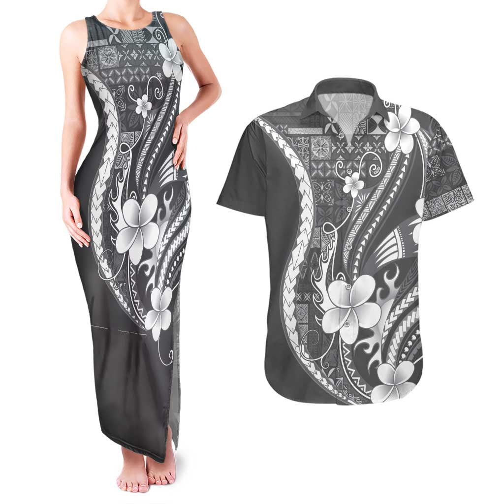 Samoa Siapo Tribal Pattern Couples Matching Tank Maxi Dress and Hawaiian Shirt Light Gray Polynesian Plumeria Tapa Motif