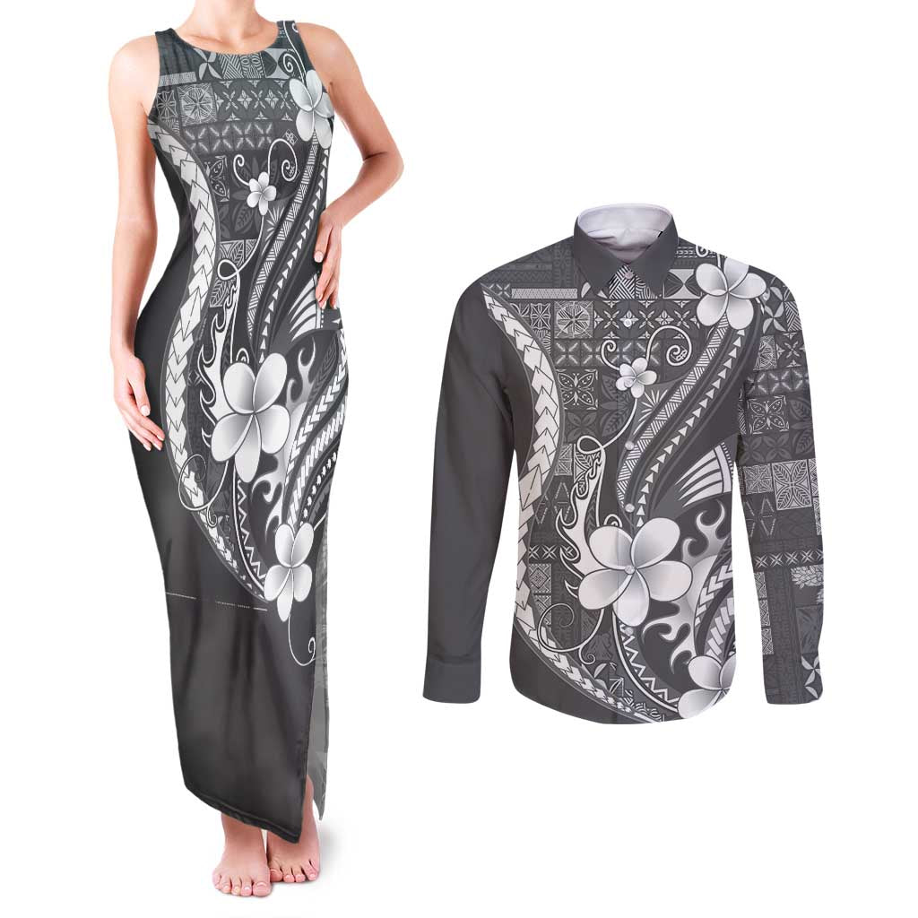 Samoa Siapo Tribal Pattern Couples Matching Tank Maxi Dress and Long Sleeve Button Shirt Light Gray Polynesian Plumeria Tapa Motif