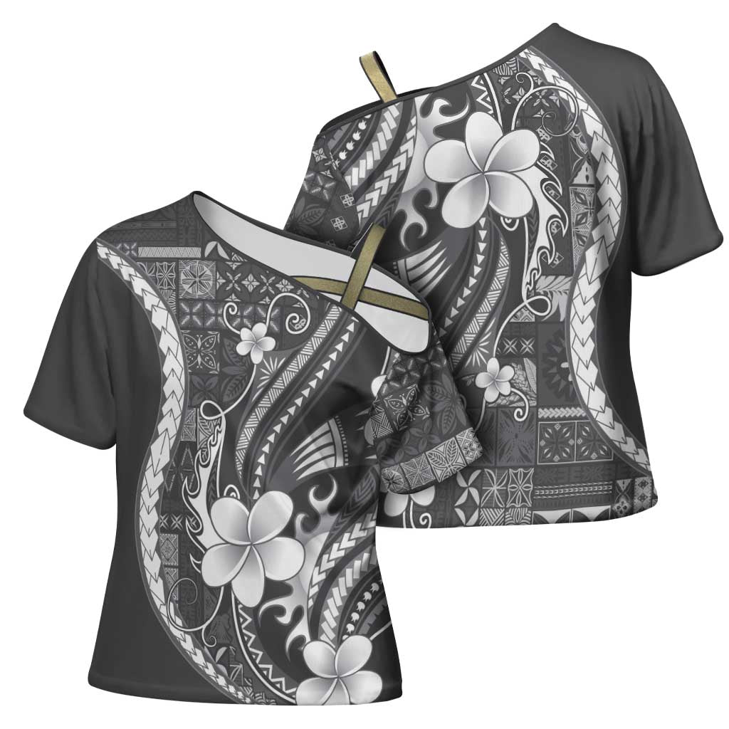 Samoa Siapo Tribal Pattern Cross Shoulder Shirt Light Gray Polynesian Plumeria Tapa Motif