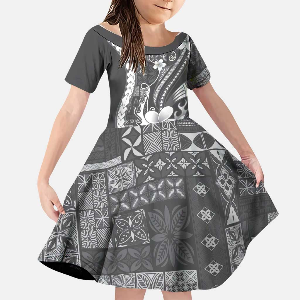 Samoa Siapo Tribal Pattern Family Matching Long Sleeve Bodycon Dress and Hawaiian Shirt Light Gray Polynesian Plumeria Tapa Motif LT9 Daughter's Dress Gray - Polynesian Pride