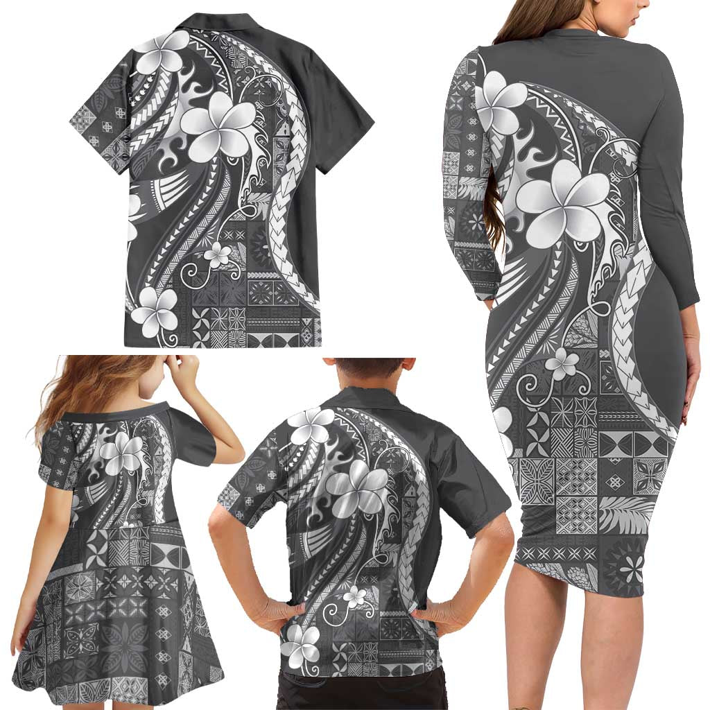 Samoa Siapo Tribal Pattern Family Matching Long Sleeve Bodycon Dress and Hawaiian Shirt Light Gray Polynesian Plumeria Tapa Motif LT9 - Polynesian Pride