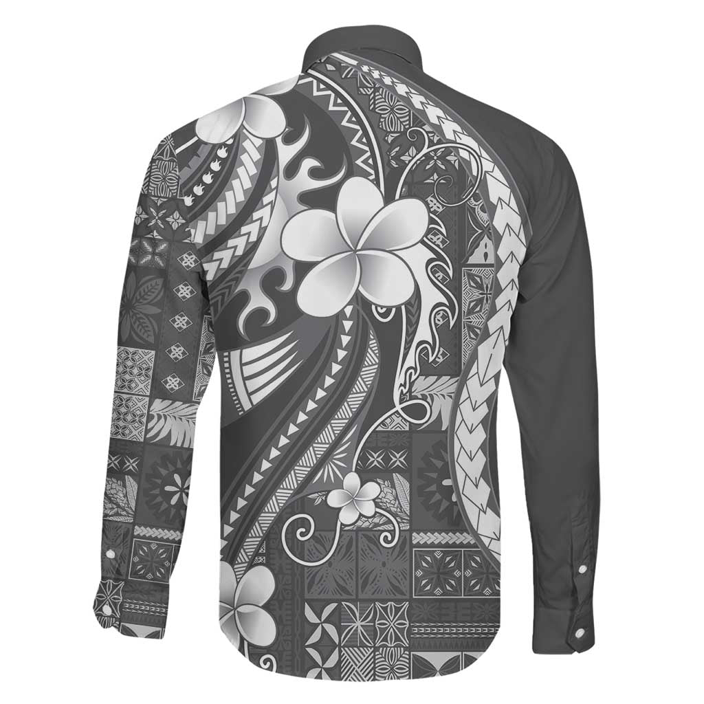 Samoa Siapo Tribal Pattern Family Matching Off The Shoulder Long Sleeve Dress and Hawaiian Shirt Light Gray Polynesian Plumeria Tapa Motif LT9 - Polynesian Pride