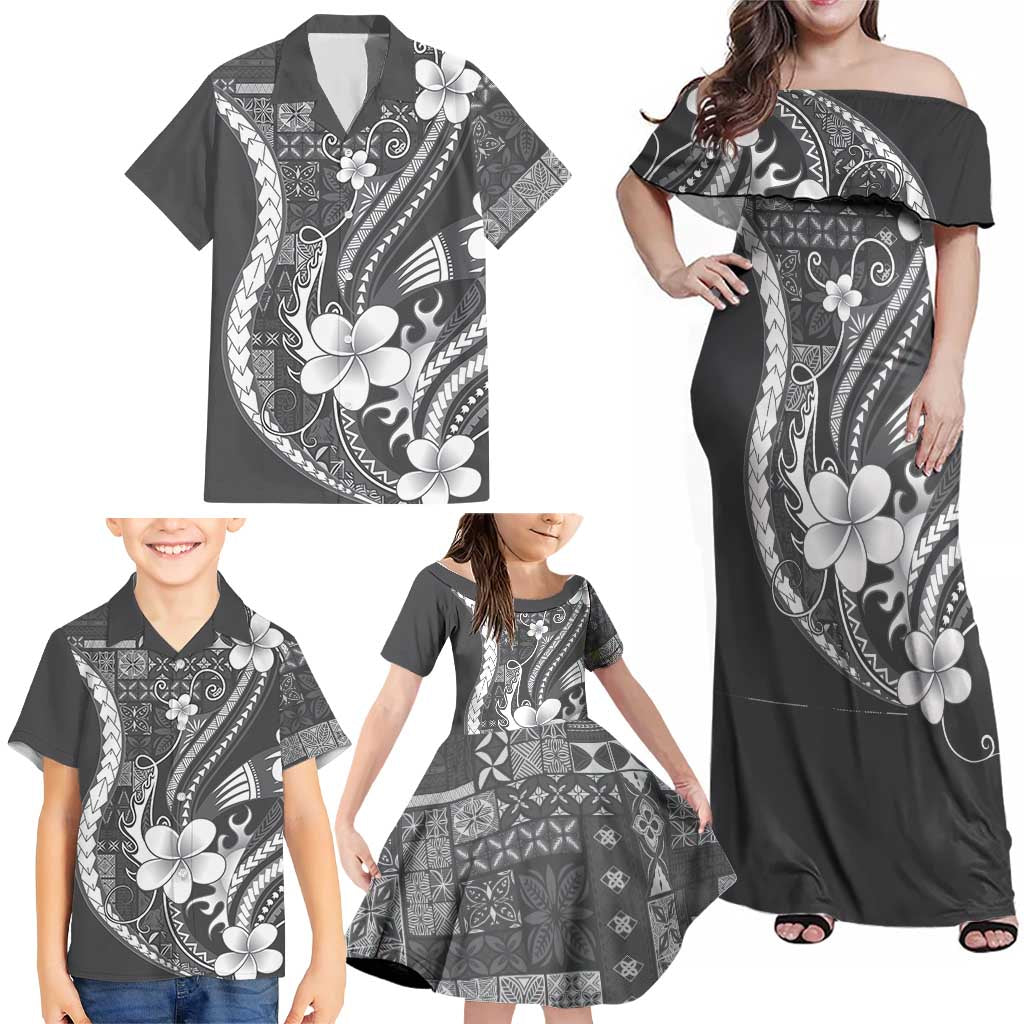 Samoa Siapo Tribal Pattern Family Matching Off Shoulder Maxi Dress and Hawaiian Shirt Light Gray Polynesian Plumeria Tapa Motif