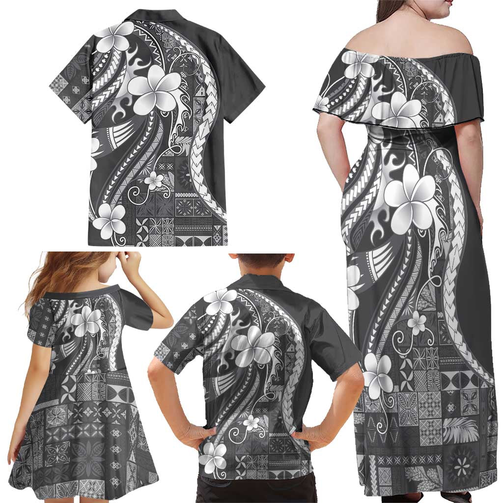 Samoa Siapo Tribal Pattern Family Matching Off Shoulder Maxi Dress and Hawaiian Shirt Light Gray Polynesian Plumeria Tapa Motif LT9 - Polynesian Pride