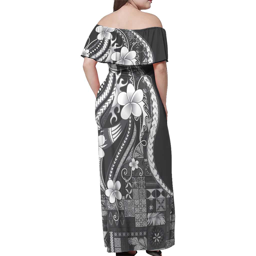 Samoa Siapo Tribal Pattern Family Matching Off Shoulder Maxi Dress and Hawaiian Shirt Light Gray Polynesian Plumeria Tapa Motif LT9 - Polynesian Pride