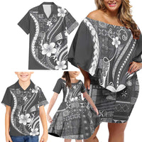 Samoa Siapo Tribal Pattern Family Matching Off Shoulder Short Dress and Hawaiian Shirt Light Gray Polynesian Plumeria Tapa Motif LT9 - Polynesian Pride